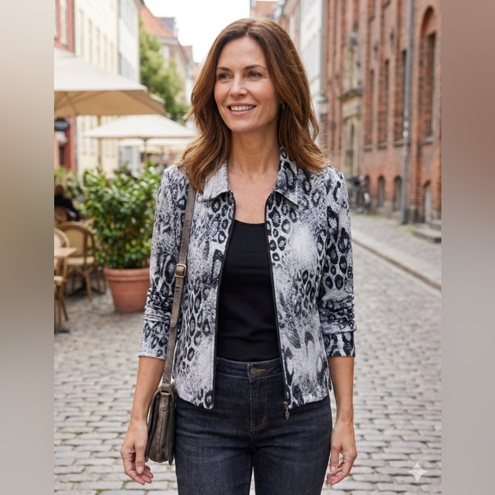 Joseph Ribkoff Black and Gray Leopard Print Jacket